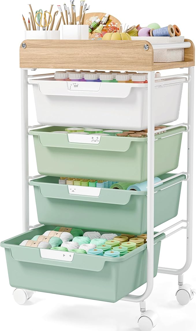 Rolling Craft Storage Cart with 4 Drawers,Utility Cart with Drawers,Art Craft Organizers and Storage,Kids Craft Cart,Kids Art Cart With DIY Lable and Wooden Tabletop Area,Green