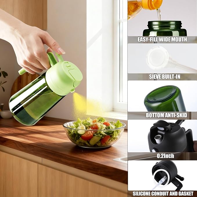 Olive Oil Sprayer & Dispenser Bottle for Cooking 16oz Dark Glass Oil Mister | 2-in-1 Oil Sprayer & Pourer, Fine mist, Light-Blocking, Wide Mouth for Easy Refill & Clean, 8 Oil Labels, Reusable