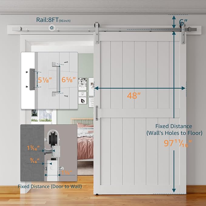 48''x96'' Sliding Barn Door with 8 Ft Brushed Nickel Hardware Kit | Pre-Drilled Holes Easy Assembly - Include Installation Manual, Water-Proof PVC Surface, H-Frame, White