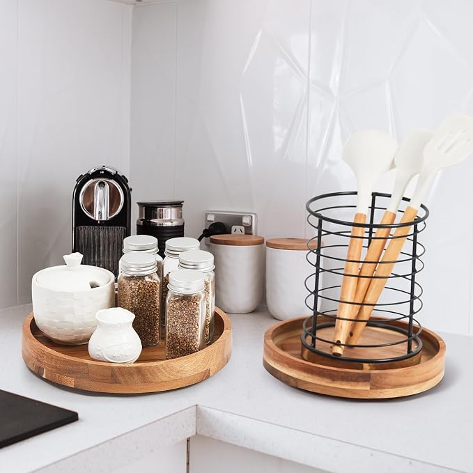 12" Acacia Wood Lazy Susan Organizer for Cabinet,Lazy Susan for Countertop