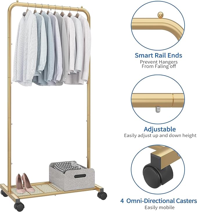 Simple Trending Clothes Garment Rack, Clothing Rack, Golden Yellow | Commercial Portable Closet with Mesh Storage Shelf, Anti-Slip Stoppers, 360° Wheels, Bedroom, Laundry Room