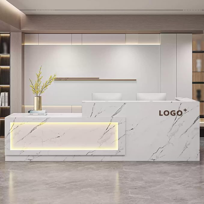 Modern Reception Desk with Counter, Front Desk Reception Counter with Lockable Drawer, Keyboard Tray & Storage Cabinet, Solid Wood Receptionist Table for Salon Office Lobby (F - Left, L 2.6m/102in)