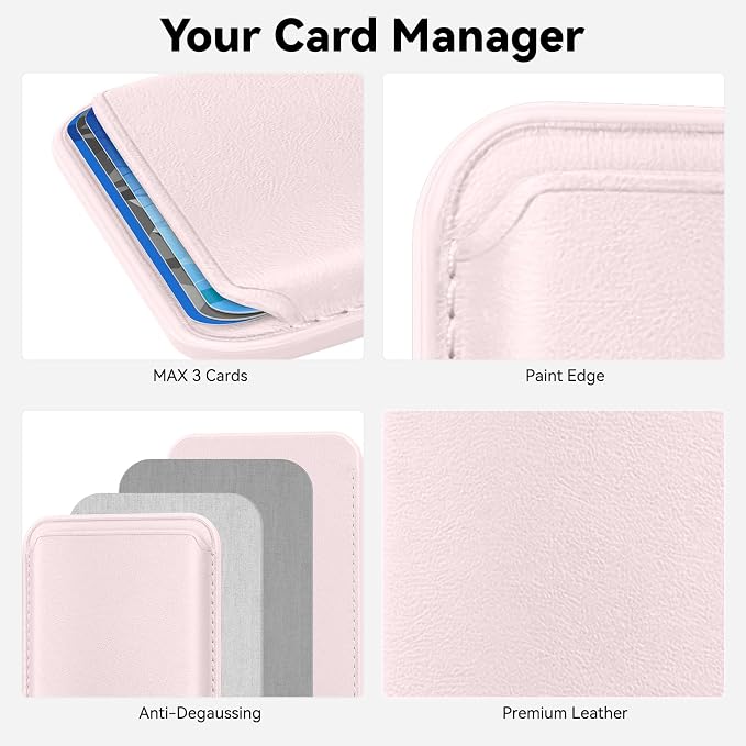 Magnetic Wallet Cell Phone Card Holder for Phone Case, Stronger Magnetic RFID Leather Phone Wallet Stick on Series of iPhone 12/13/14/15/16/17 and Pro/Promax, Light Pink