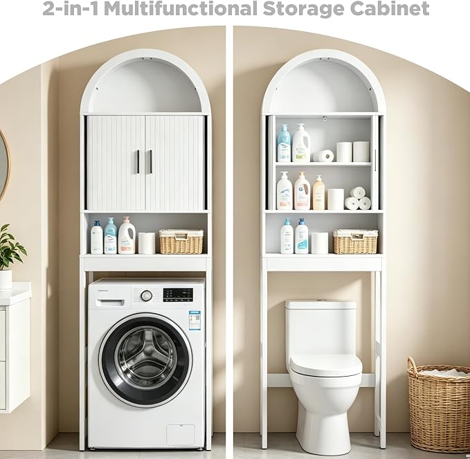 Arched Over The Toilet Storage Cabinet, White Freestanding Bathroom Organizer with Sliding Door, Adjustable Shelf & Anti-Tip Device for Bathroom, Laundry