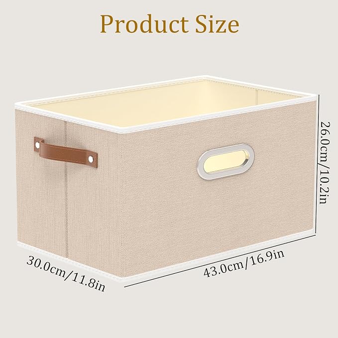 Yawinhe Foldable Storage Baskets for Shelves,16.9x11.8x10.2in,Beige,4-Pack | Collapsible Storage Bins for Towels, Container with Leather Handle for Organization, Fabric Rectangle Boxes for Home
