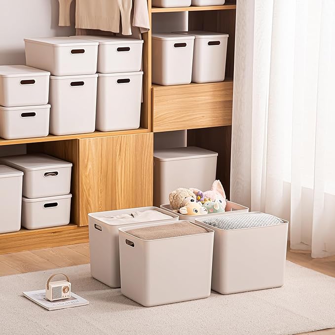 Plastic Storage Bins with Lid, White Stackable Storage Basket Organizer Box, Sturdy Containers Organizing Lidded Bins for Shelves, Cabinet, Desk, Pantry, Bedroom, Book, Toys (gray, 6XL+4M)
