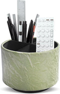 Round Leather Art Supply Organizer,Remote Control Holder,360 Degree Spinning,Multi-Functional Pencil Holder,4 Compartments Desktop Stationary Organizer(1-Hill Green)