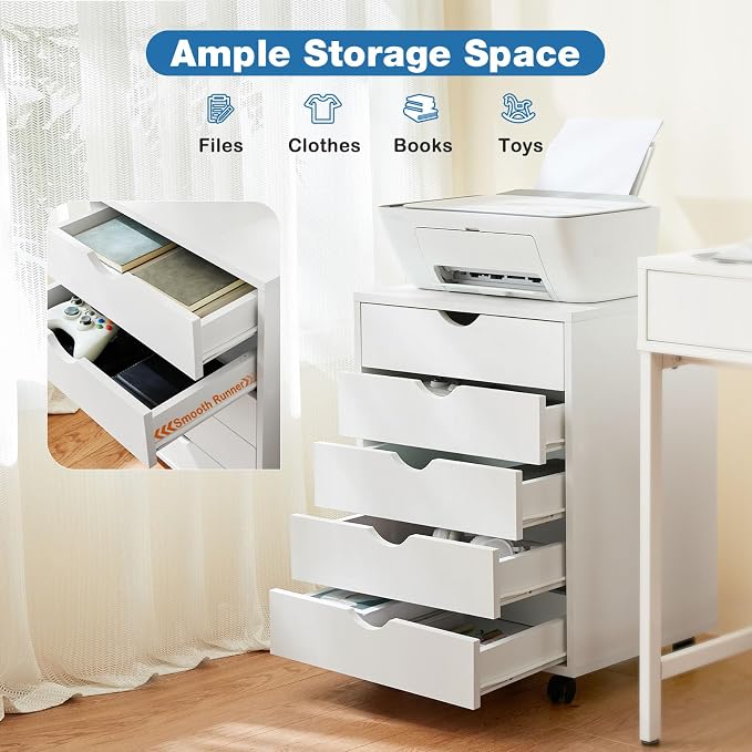 OLIXIS 5 Drawer File Cabinet on Wheels, Printer Stand | Fits Under Desks, Wood Storage Organization Holds Printer, Office Supplies, Not For Hanging Files, For Home Office Use White