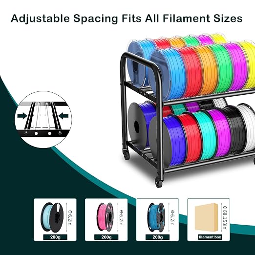 2-Tier Metal Filament Rack, 24 Spool Storage, Under Desk Cart for Workshops | Adjustable 2-tier Shelves Fit 250g-1KG Spools, Sturdy Metal, 33lb/shelf, 4 Swivel Wheels,Tool-Free Install
