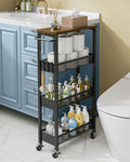 Giwil Slim Rolling Storage Cart 4 Tier Bathroom Organizer Mobile Shelving Unit Utility Cart with Wood Top and Handle for Kitchen Laundry Narrow Places, Black