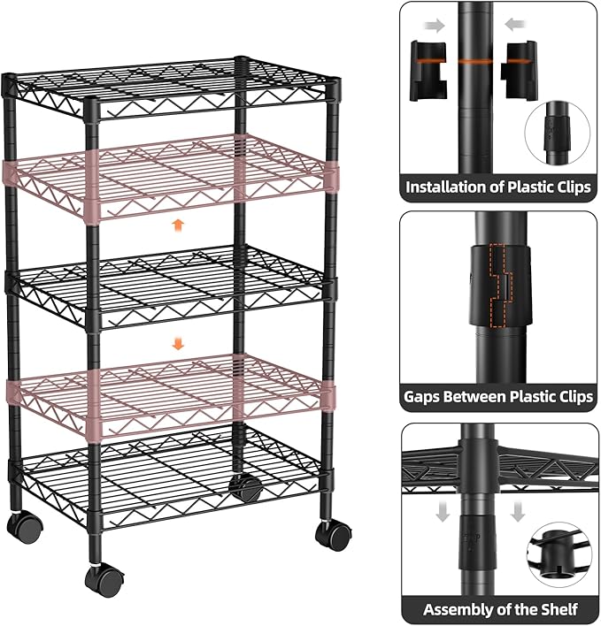 Golpart Small Shelves Storage Wire Metal Adjustable Shelf Unit with Wheels | 3 tier Shelving Organizers Storage Shelving for Bathroom Laundry Room Kitchen Pantry 11.7”D x 17.7”W x 30.7”H Black