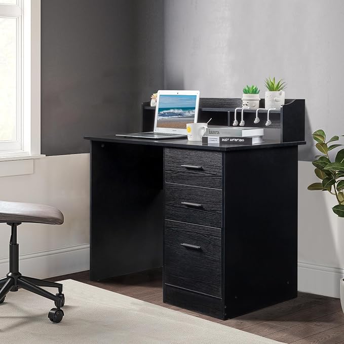 Karl home Black Computer Desk with Drawers ＆ Desktop Hutch, Modern Work Study Gaming Writing Home Office Desks with Storage for Kids, Small Wood Table for Bedroom, PC Laptop Workstation