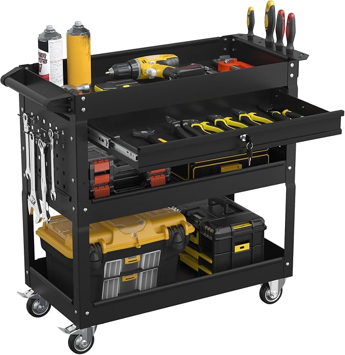 3 Tier Heavy Duty Rolling Tool Cart with Drawers, Large Storage Utility Cart on Wheels for Garage, Warehouse, Repair Shop (Black)