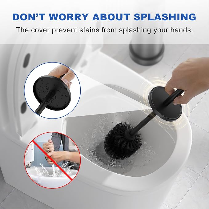2 PCS Black 304 Stainless Steel Toilet Brush and Holder Set, Long Handle Deep Cleaning Toilet Scrubber with Splash Protection, Weighted Base & Non-Scratch Sponge, Minimalist Bathroom Accessory