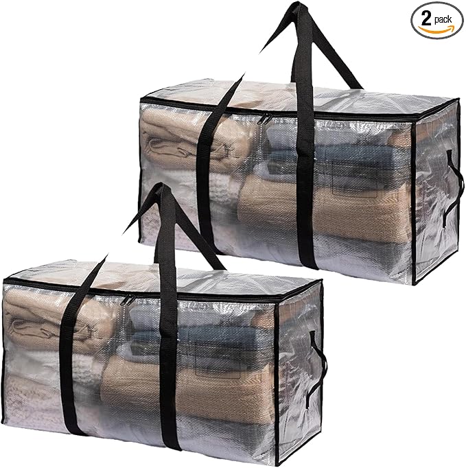2-Packs Extra Large Heavy Duty Moving Bags, Waterproof Storage Totes with Handles & Zippers Storage Bags Totes for Clothes Packing, Dorms, College Supplies, Space Saving, Clear