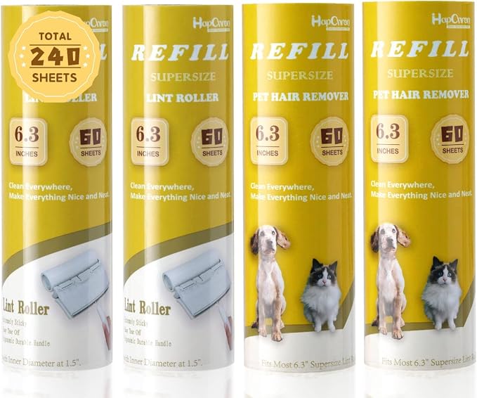 Lint Roller Refills 6.3", 240 Sheets, Extra Sticky, Two-Color Easy Tear-Off | 4-pack, 60 sheets each. Diagonal Cut, Two-Color Alternating Design for pet hair, dust, lint on clothes, sofas, and cars.