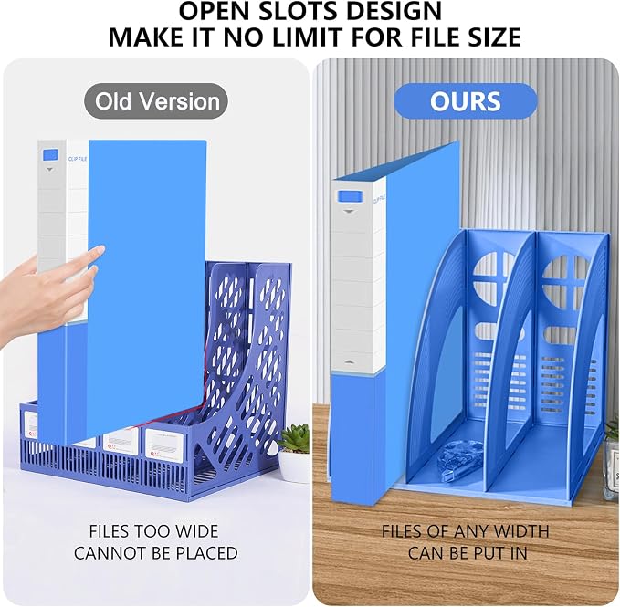 A4 File Holder Magazine File Folder Desk Organizer, Compartments Bookshelf Document Divider Paper Box Bookends for Office Home Organization and Storage Racks (Blue, 3 Compartments)