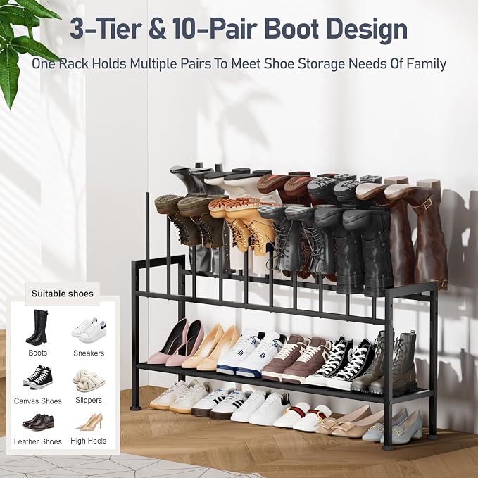 DIMJ Boot Rack 3-Tier - Black Metal Boot Storage Rack for Tall Boots Organizer Shoe Rack for Boots, Sneakers, High-Heel, Entryway, Fit for 10 Pairs, Black