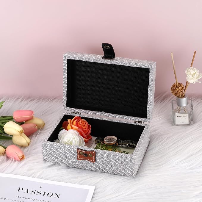 Hipiwe Jewelry Storage Box Treasure Chest Wooden Box with Linen Covered | Rectangular Keepsake Case with Clasp Lid, Dcorative Photo Storage Organizer for Men Women Christmas Gift, Gray Small