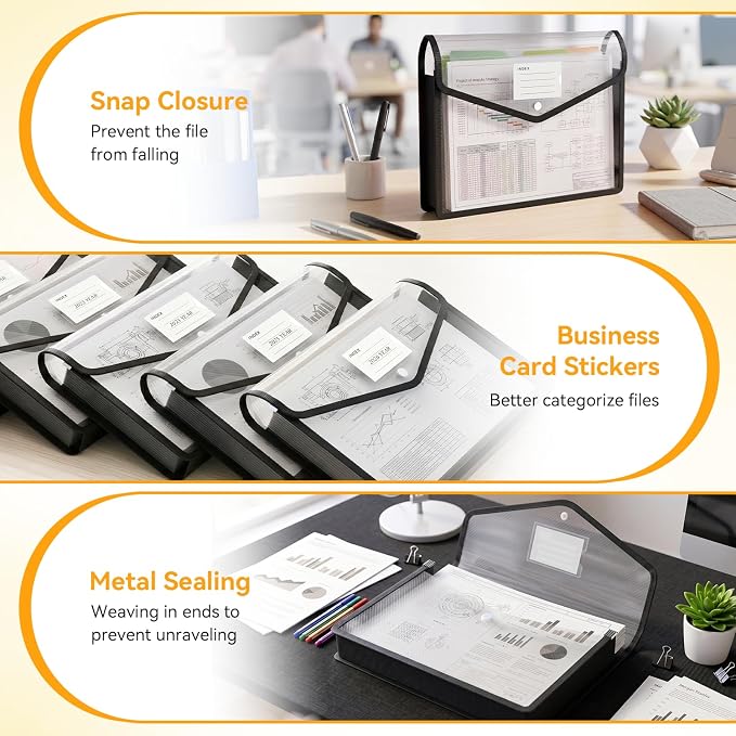6 Pack Plastic Expanding File Folder, Black File Folder Organizer | Folders for Documents with Snap Closure, Transparent Accordion File Pouch, No Dividers, Large Capacity, Fit Letter/A4 Size