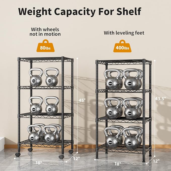 Golpart Small Shelves Storage Wire Metal Adjustable Shelf Unit with Wheels | 4 tier Shelving Organizers Storage Shelving for Bathroom Laundry Room Kitchen Pantry 11.7”D x 17.7”W x 44.8”H Black