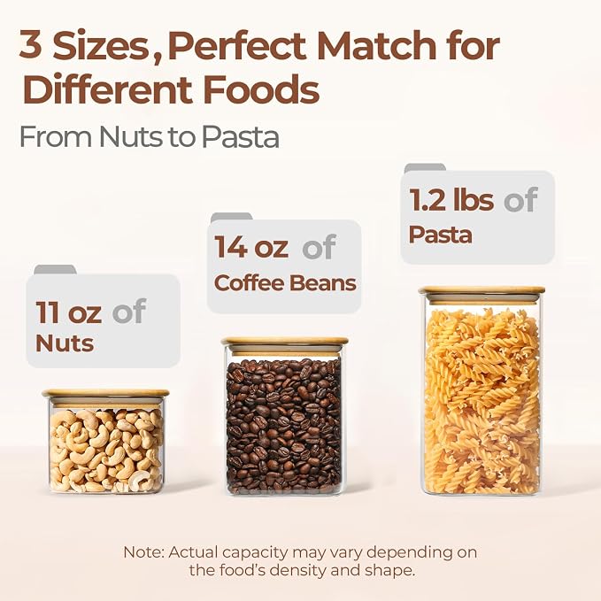 ComSaf Glass Pantry Storage Containers (0.7qt/1.2qt/1.6qt) Set of 6 Jars | Rectangle Glass Storage Containers With Lids, Glass Canisters With Airtight Lids For Kitchen, Spices, Tea, Coffee, BPA Free
