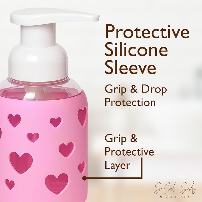 SoCal Suds & Company Foaming Hand Soap Dispenser Glass, Liquid Soap Pump with Heart Silicone Sleeve, Refillable Bottle for Kids, Baby Wash & Shampoo, Ideal for Bathroom & Kitchen Use, Bright Pink, 8oz