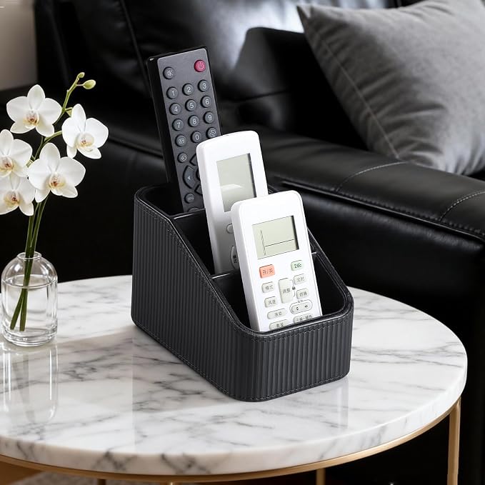 Remote Control Holder, PU Leather Nightstand Organizer, Black | 3-compartment Remote Bedside Caddy, Soft Velvet Lining, Small Desk Organizer for Remote/Pen/Glasses/Phone