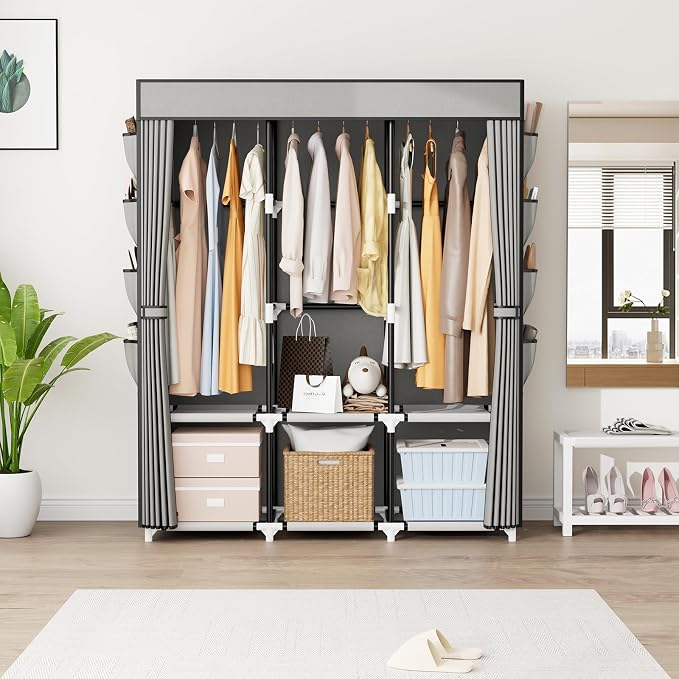 Portable Closet with Cover, 3 Hanging Rods and Side Pocket, Sturdy Free Standing Closet, Grey
