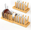 Bamboo Pot and Pan Organizer, Expandable Pot Lid Cutting Board Organizer | Pot and Lid Organizers Inside Cabinet, Adjustable Cutting Board Holder With Non-Slip Base for Kitchen Storage