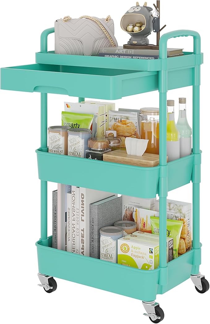 Calmootey 3-Tier Rolling Utility Cart with Drawer,Multifunctional Storage Organizer with Plastic Shelf & Metal Wheel,Storage Cart for Kitchen,Bathroom,Living Room,Office,Green | Space-Saving Organizer, Sturdy Plastic Shelves, Smooth-Rolling Metal Wheel...
