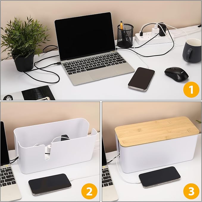 ZhiYo Large Cable Management Box, Thick ABS Power Strip Organizer, White | Extra-Tall Design for Oversized Adapters, Natural Bamboo Lid, Fits Power Strips Up to 12.5" Long, Ideal for Desks, TV Areas