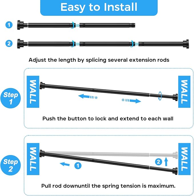 Shower Curtain Rod 31-63 Inch,7/8"Diameter Adjustable Spring Tension Curtain Rods No Drill,Matte Black Shower Tension Rod for Bathroom,Room Divider,Window,Anti-Rust Non-Slip 2-Pack