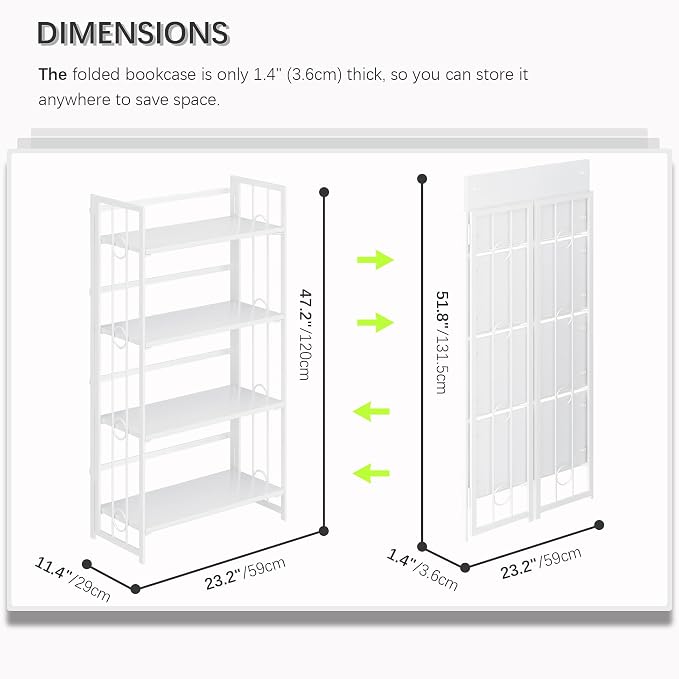 4NM No Assembly 4 Tiers Folding Bookshelf, 47.2" H Foldable Storage Shelves Vintage Bookcase Standing Racks Study Organizer Home Office - All White