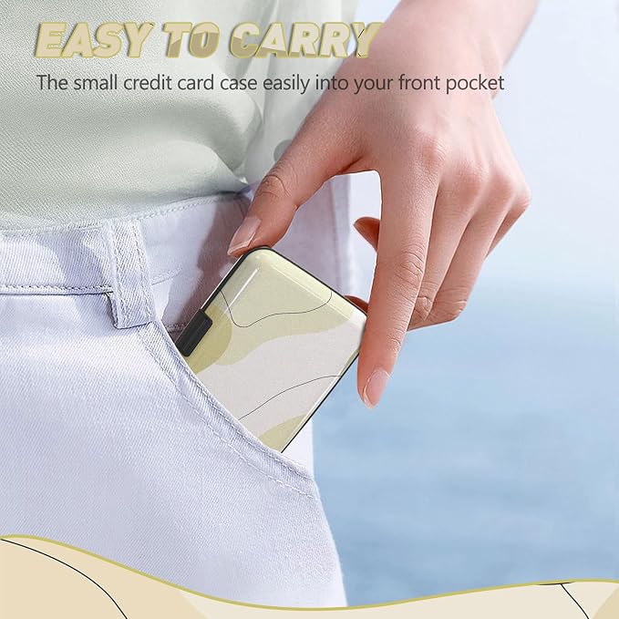 Credit Card Holder, Beige Mini RFID Aluminum Card Wallet Business Card Case | Small Blocking Slim Metal RFID Blocking Front Pocket Wallet Hard Case Durable CC Holder for Women Girls Arts