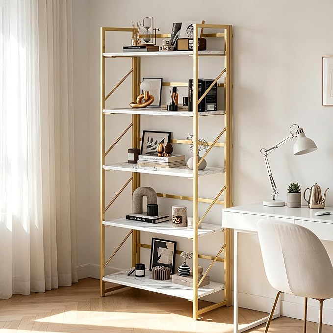 JSB 5 Tier No Assembly Folding Bookshelf, Foldable Storage Bookcase for Home Office, Space-Saving Storage Shelf for Living Room, Bedroom, Office (White&Gold)