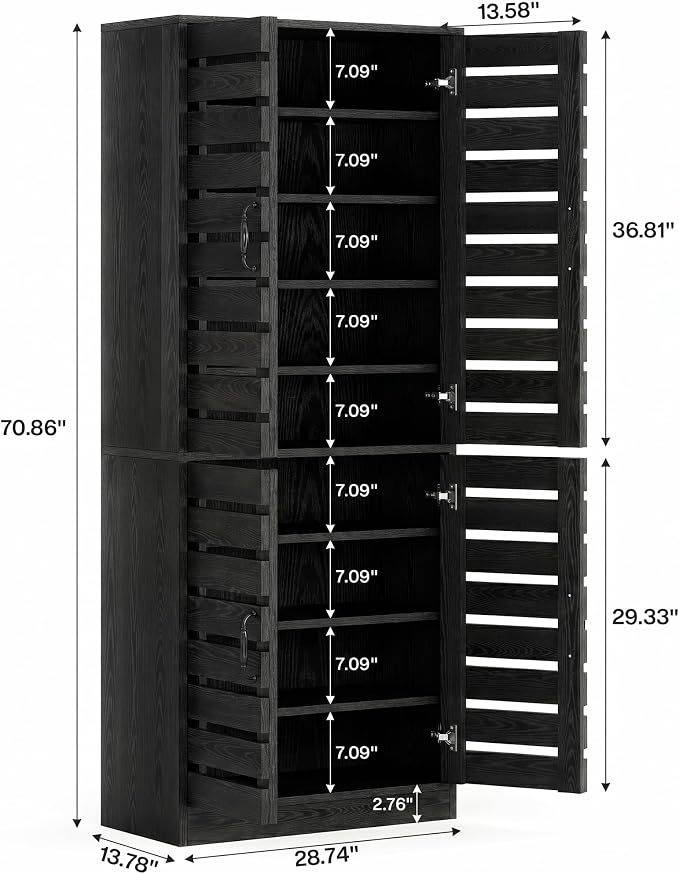 Tribesigns 71 in. Tall Shoe Cabinet with Doors,9-Tier Rustic Black Wood Vertical Shoe Storage with Adjustable Shelves and Metal Handle for Entryway,Living Room,Hallway