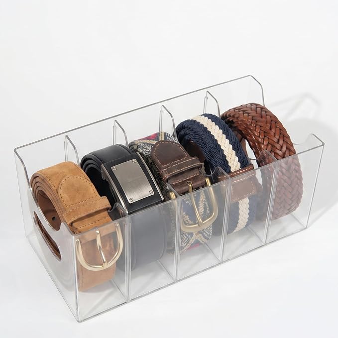 Belt storage Organizer for Closet with Removable Dividers - 5 Compartments & Handles Drawer organization and storage for underwear, Socks, and Bow Ties Acrylic Belt Organizers (1pack)