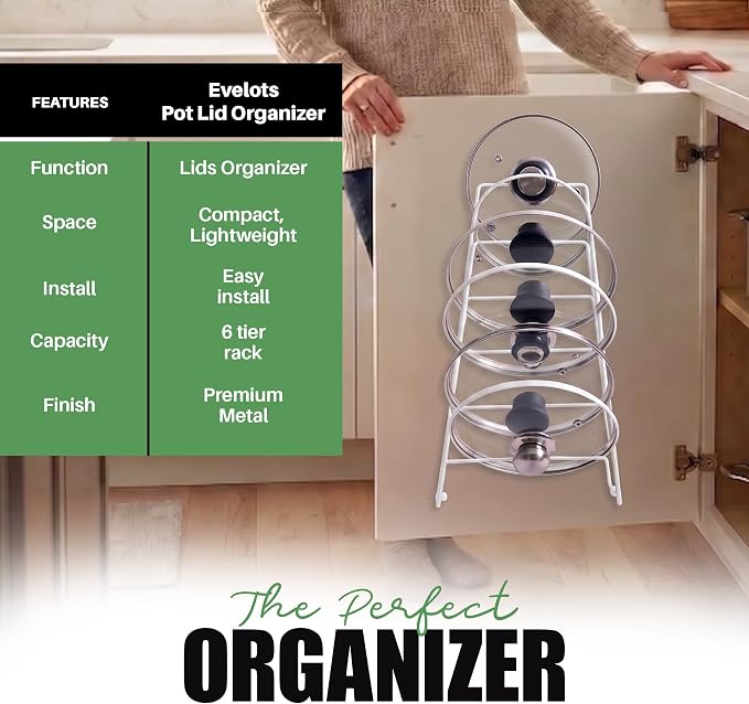 Evelots Pot Lid Organizer for Cabinet Door or Wall, 6-Slot Pot & Pan Lid Holder Rack, Steel Kitchen Cabinet & Pantry Storage Organizer for Glass and Metal Lids, White, 1 Pack
