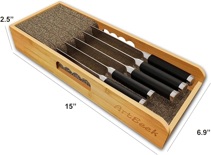 ArtBeek Knife Drawer Organizer Bamboo Insert Dock, 15'' Kitchen Steak Knives Holder Organizers Block for Drawer in Storage Organization