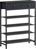 Shoe Rack, 5 Tier Shoe Organizer with 2 Drawers, Metal Shoe Storage for 16-20 Pairs of Shoes with Fabric Shelves and Wooden Top, Narrow Shoe Shelf for Closet Entryway Black Grey