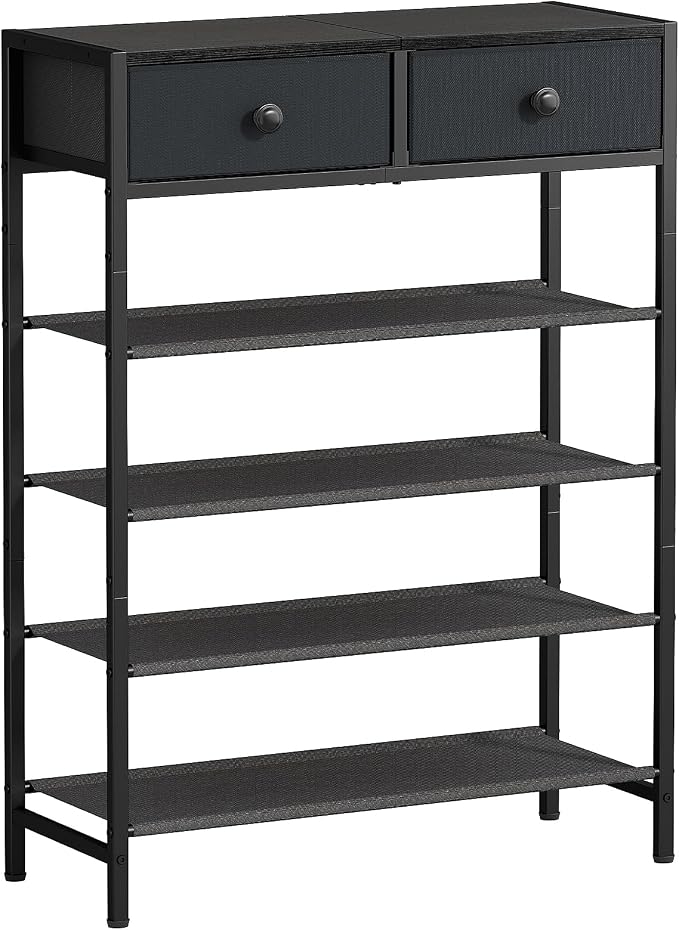 Shoe Rack, 5 Tier Shoe Organizer with 2 Drawers, Metal Shoe Storage for 16-20 Pairs of Shoes with Fabric Shelves and Wooden Top, Narrow Shoe Shelf for Closet Entryway Black Grey