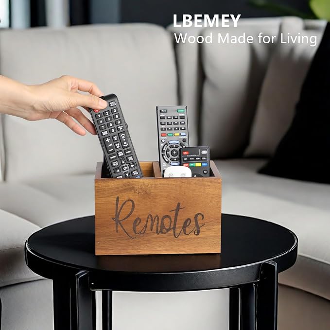 LBEMEY Acacia Wood TV Remote Holder, Caddy and Organizer for Table, Vintage Farmhouse Desk Caddy (Brown, 4+ Remotes)
