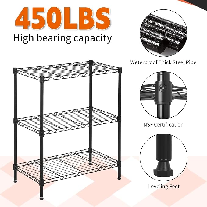 3-Tier Metal Wire Shelving Unit with Wheels, Heavy Duty Adjustable Storage Rack (450 lbs Capacity), Small Utility Organizer for Kitchen Pantry, Garage, Laundry Room, 23"W x 13"D x 31.3"H