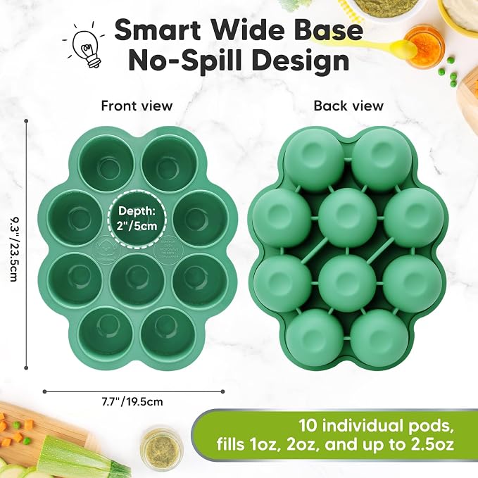 KeaBabies Silicone Food Freezer Trays with Lid, 2oz x 10 Pods (Alpine Green)