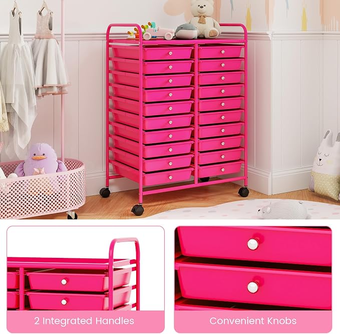 LDAILY 20-Drawer Rolling Storage Cart, Rolling Storage Cart, Storage Organizer on Wheels, Metal Frame, Scrapbook Paper Tools, Suitable for Office School, Classroom (Hot Pink, 20 Drawer)