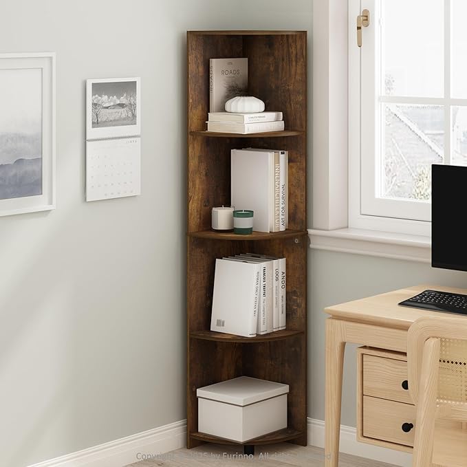 Furinno Basic Book Shelf, 4-Tier Bookshelf, Bookcase with Corner Shelf, 12 x 12 x 57.1, for Living Room, Bedroom, Home Office, Amber Pine