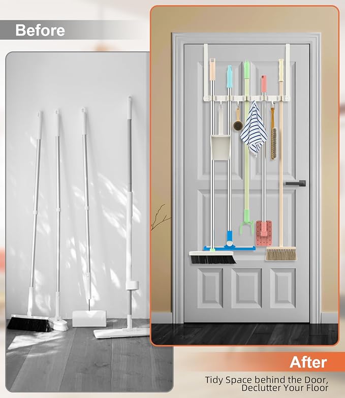 Broom Holder Over The Door with 4 Over Door Hook, Drilling Free Mop - White | Save Space, Metal Mop and Broom Storage Wall Mount Broom Storage Tool Organizer for Laundry Room Garage Kitchen Bathroom