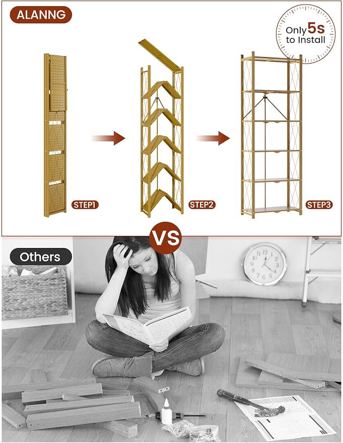 ALANNG 73.6 Inch Folding Bookshelf, 6 Tier Metal Bookcase and Bookshelves | Tall Shelves for Living Room Office Bedroom, Heavy Duty Book Shelve Free Standing Open (Gold, 3PACK)