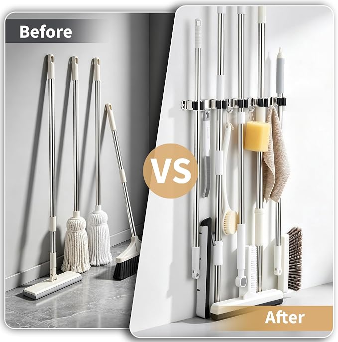 5 Racks 4 Hooks Mop and Broom Holder Wall Mount,Broom Organizer | Heavy Duty Rust-Resistant Utility Hangers, Non-Slip Grip Stainless Steel Tool Rack, Space Saver Clutter-Free Home, 1 Pc Black